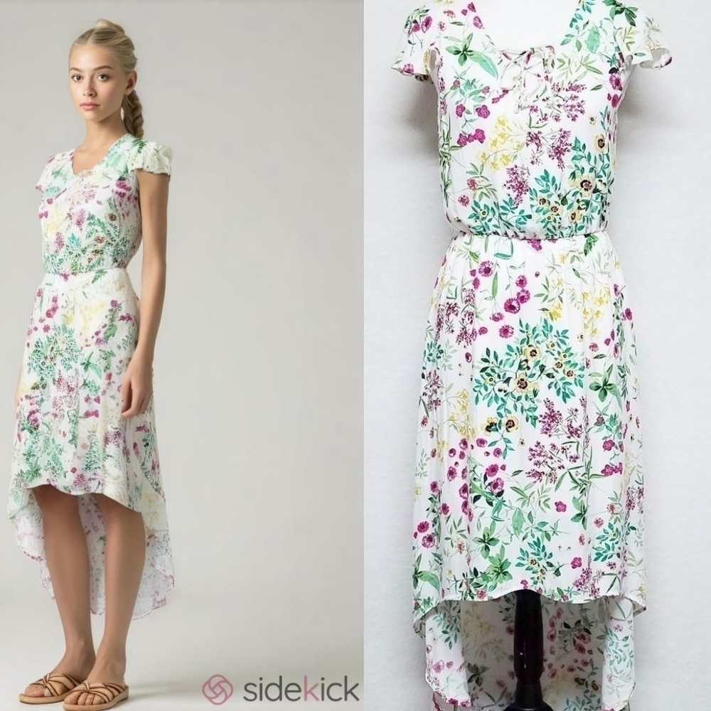 Wayf White Floral Lattice Lace-up Bust Hi-low Short Flutter Midi Dress S